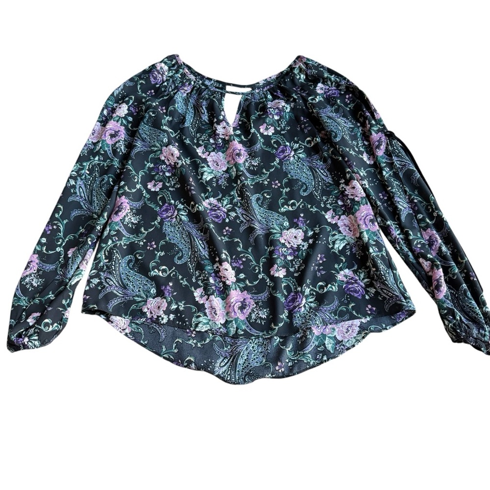 NWT A. Byer Women’s Blue Floral Size‎ M Blouse Slit Sleeves Office Casual